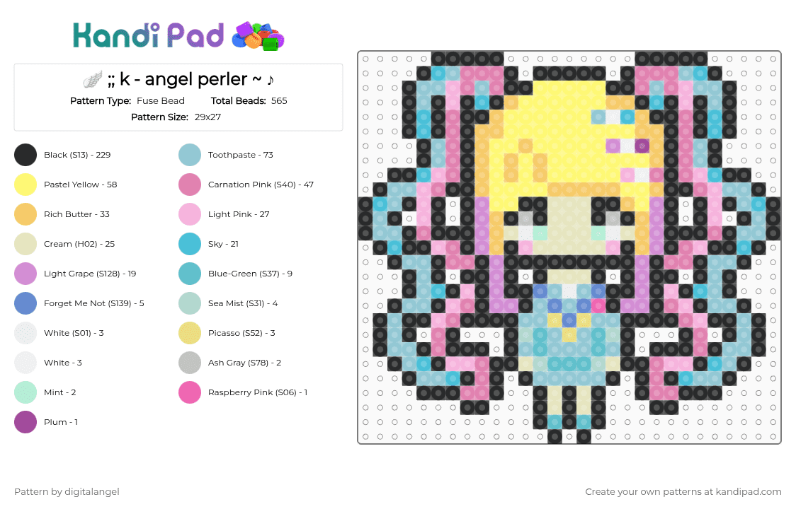 🪽 ;; k - angel perler ~ ♪ - Fuse Bead Pattern by digitalangel on Kandi Pad - yellow,light blue,pink,kangel,kawaii angel,cutecore,nso,ngo
