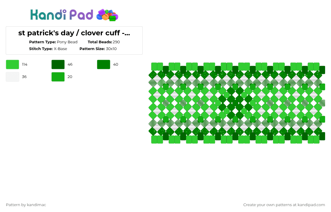 ☘ ;; st patrick\'s day ,, clover cuff ~ ♪ - Pony Bead Pattern by digitalangel on Kandi Pad - green,cotdstpatricksday2026,clover