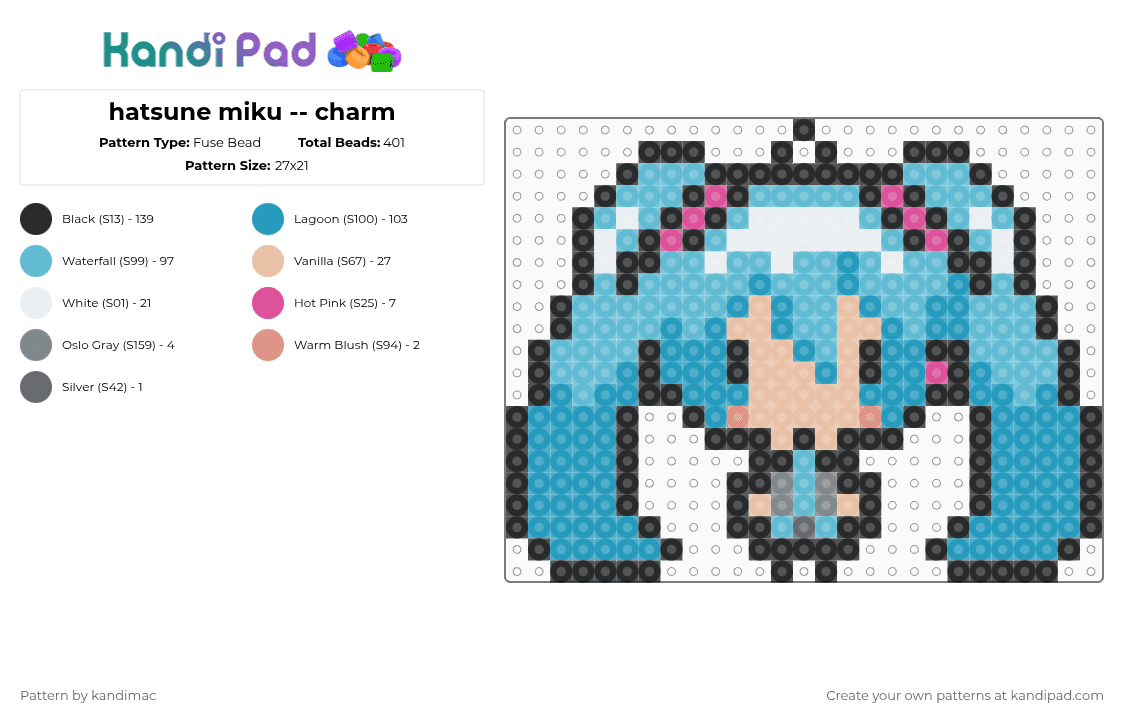 🧁 ;; hatsune miku perler ~ ♪ - Fuse Bead Pattern by digitalangel on Kandi Pad - light blue,miku,vocaloid,charm