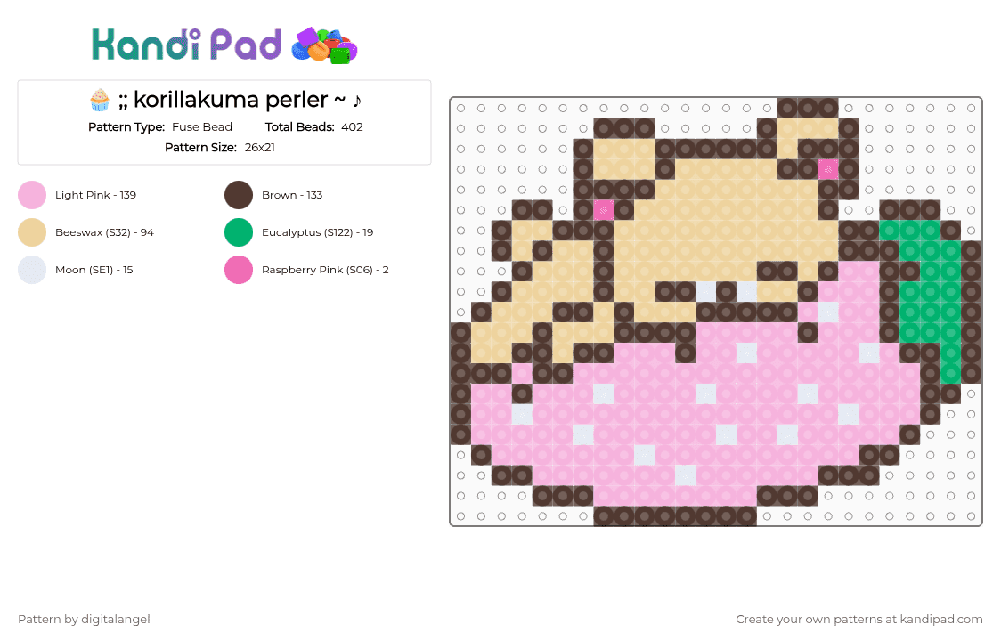🧁 ;; korillakuma perler ~ ♪ - Fuse Bead Pattern by digitalangel on Kandi Pad - brown,pink,beige,korillakuma,rillakuma,rilakuma,korilakuma,sanx,cutecore,strawberry