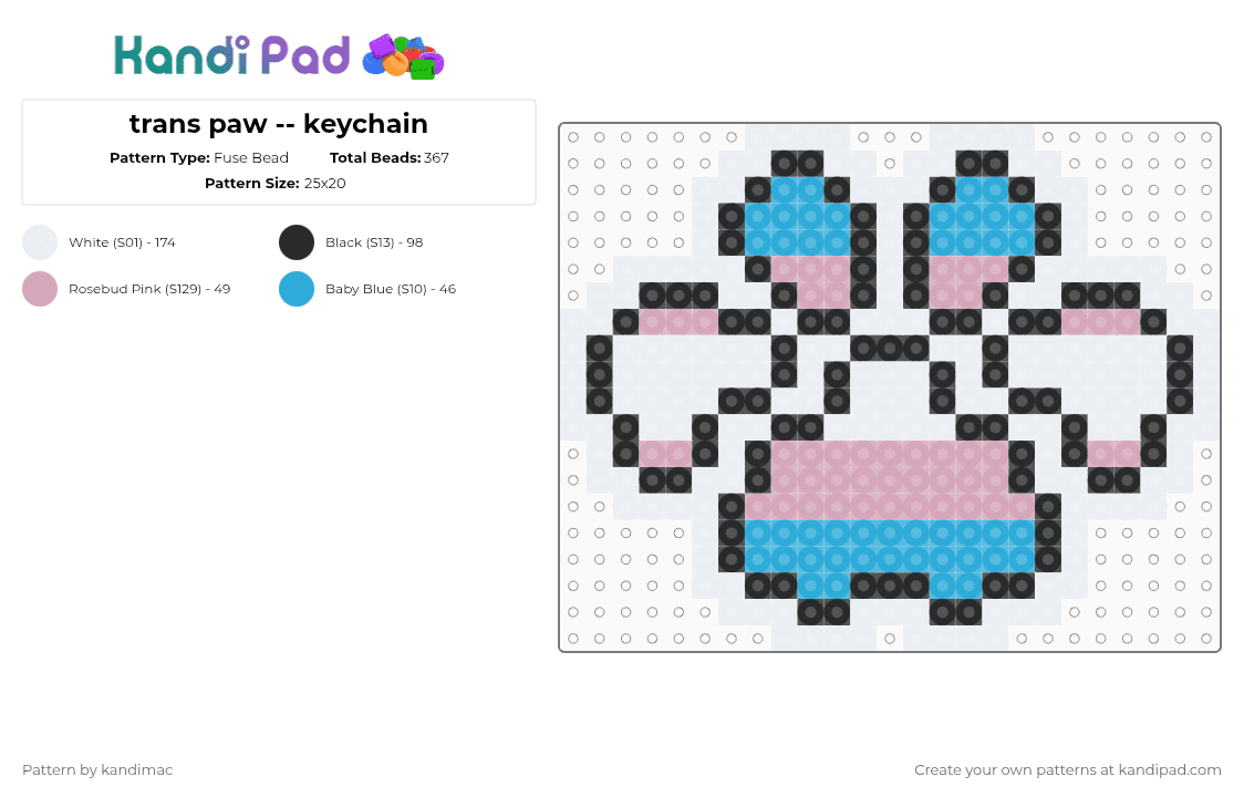 🧁 ;; trans paw perler ~ ♪ - Fuse Bead Pattern by digitalangel on Kandi Pad - white,pink,light blue,trans,pride,paw