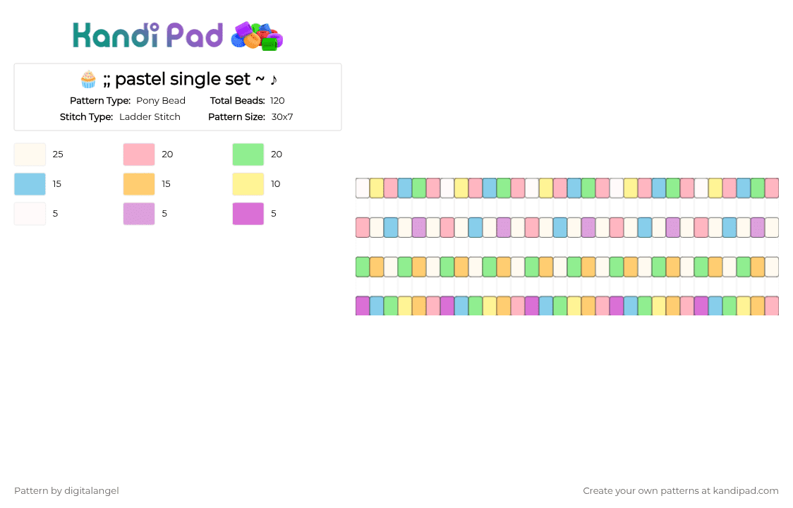 🧁 ;; pastel single set ~ ♪ - Pony Bead Pattern by digitalangel on Kandi Pad - yellow,pink,pastel,rainbow