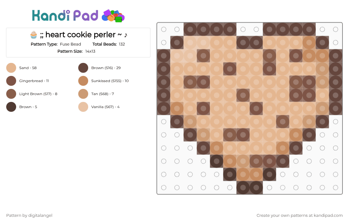 🧁 ;; heart cookie perler ~ ♪ - Fuse Bead Pattern by digitalangel on Kandi Pad - beige,heart,cookie,perler