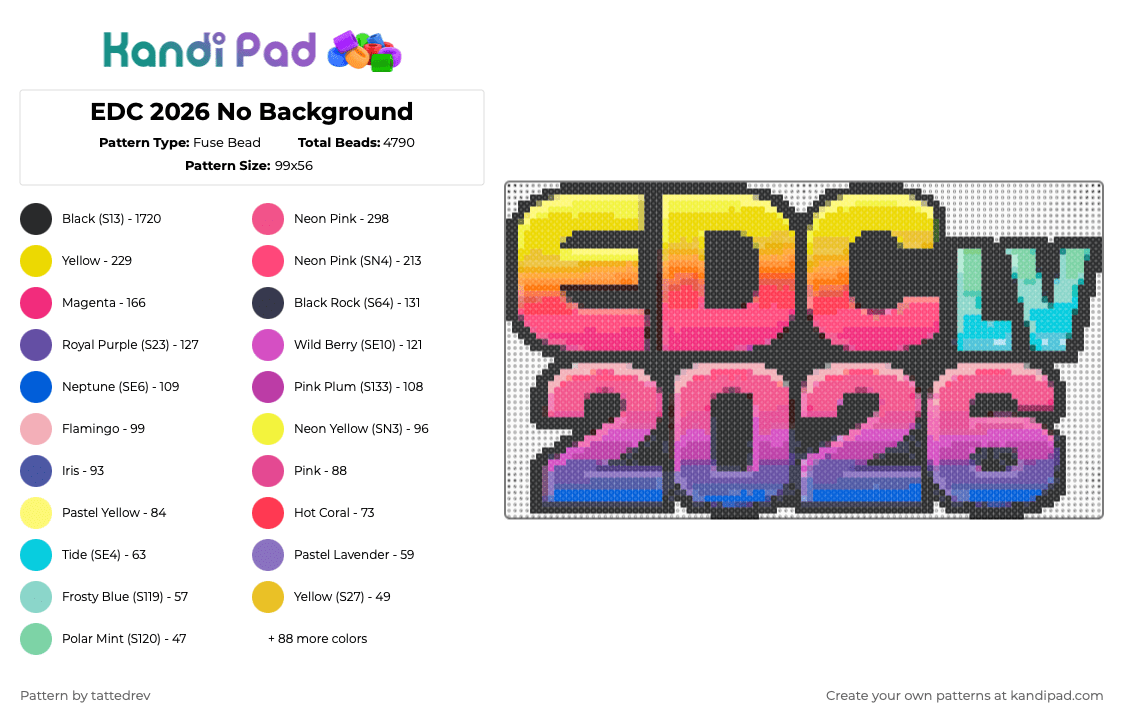 EDC 2026 No Background - Fuse Bead Pattern by tattedrev on Kandi Pad - black,yellow,red,purple,blue,colorful