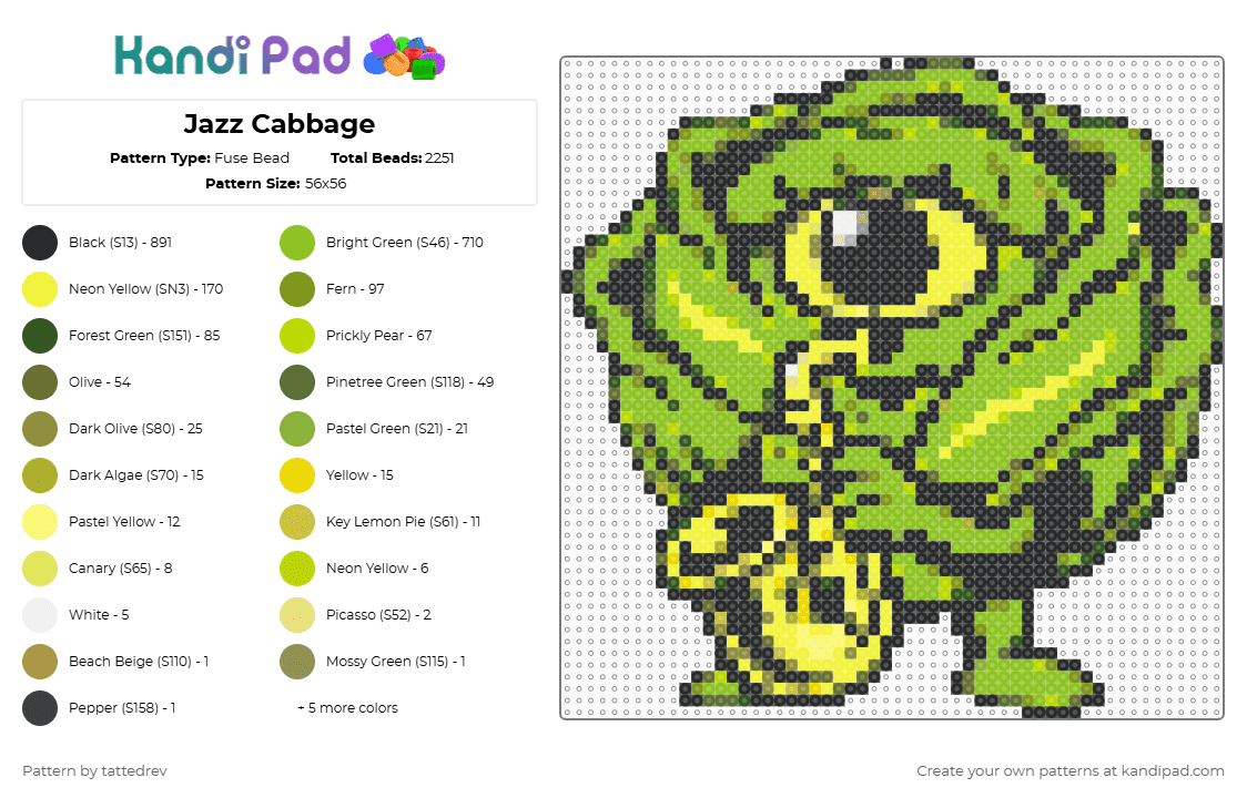 Jazz Cabbage - Fuse Bead Pattern by tattedrev on Kandi Pad - jazz cabbage,wooli,cyclops,edm,music,dj,saxophone,gold,green