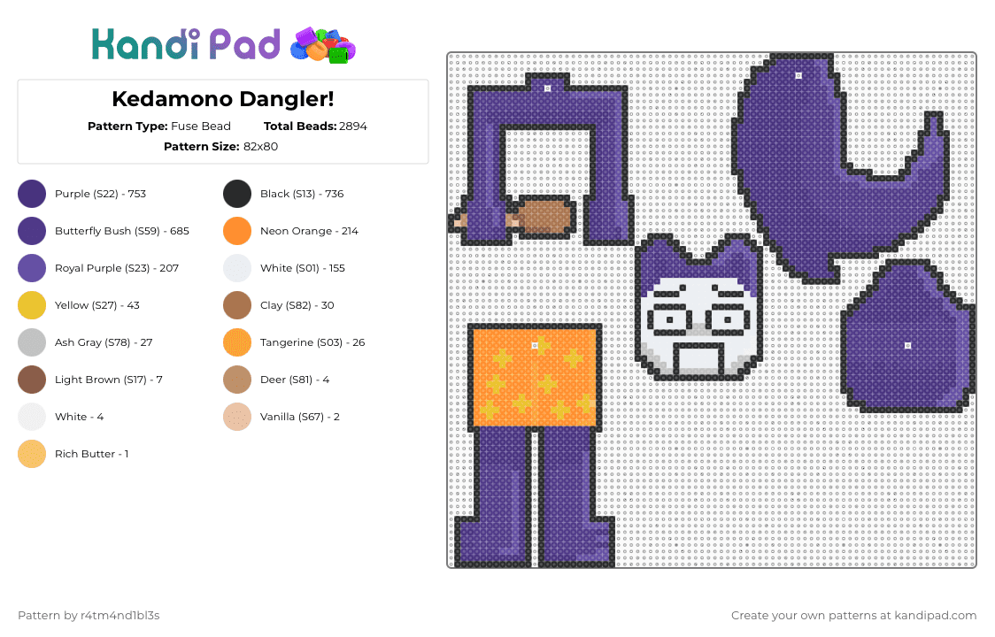 Kedamono Dangler! - Fuse Bead Pattern by r4tm4nd1bl3s on Kandi Pad - purple,popee the performer,kedamono,popee,dangler,dangle,kedamono popee,popee performer