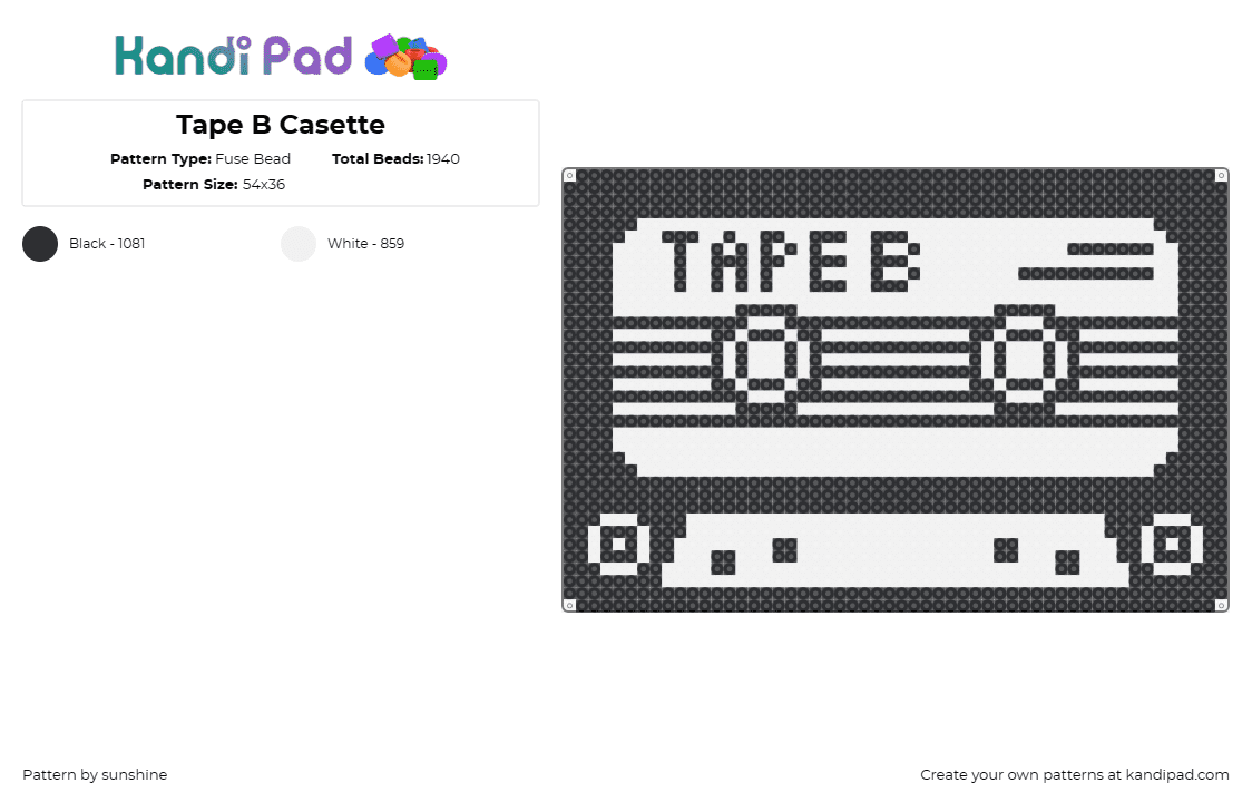 Tape B Casette - Fuse Bead Pattern by sunshine on Kandi Pad - cassette,tape b,dj,music,edm,classic,retro,black,white