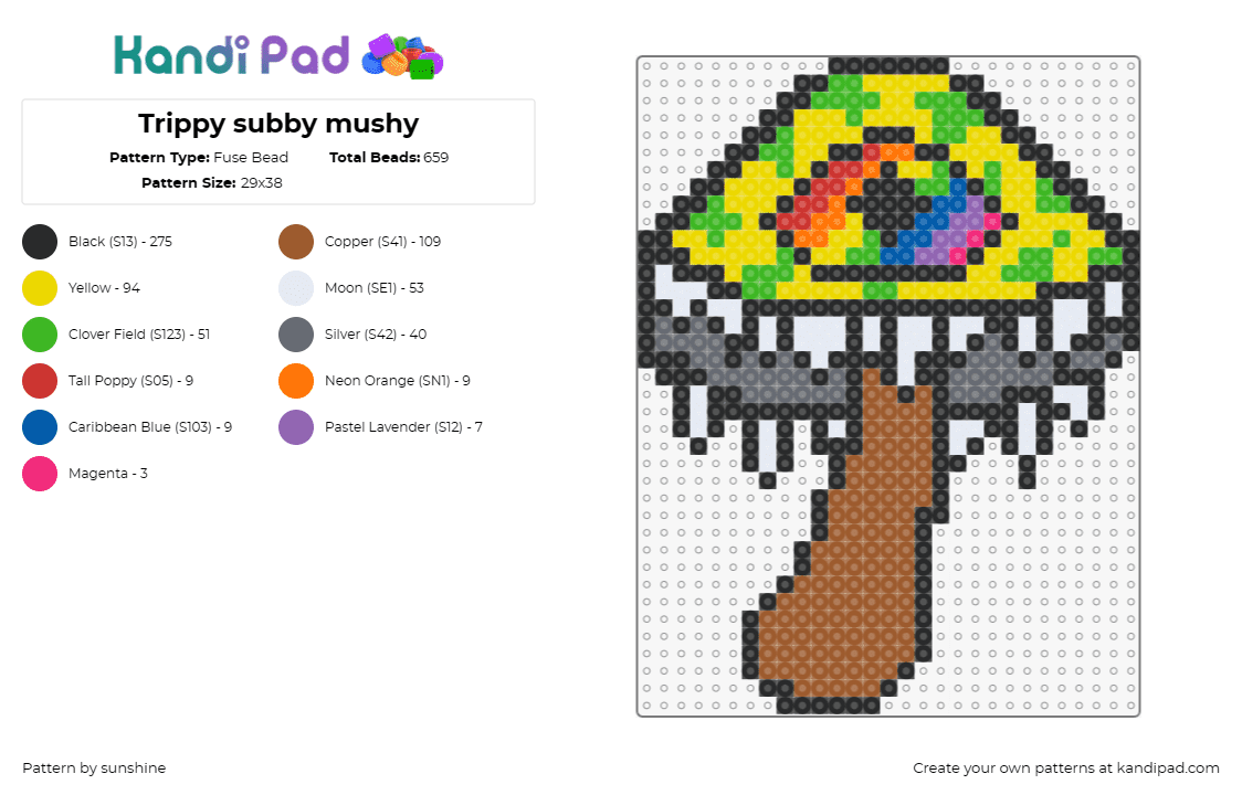 Trippy subby mushy - Fuse Bead Pattern by sunshine on Kandi Pad - subtronics,mushroom,cyclops,trippy,psychedelic,colorful,yellow,brown