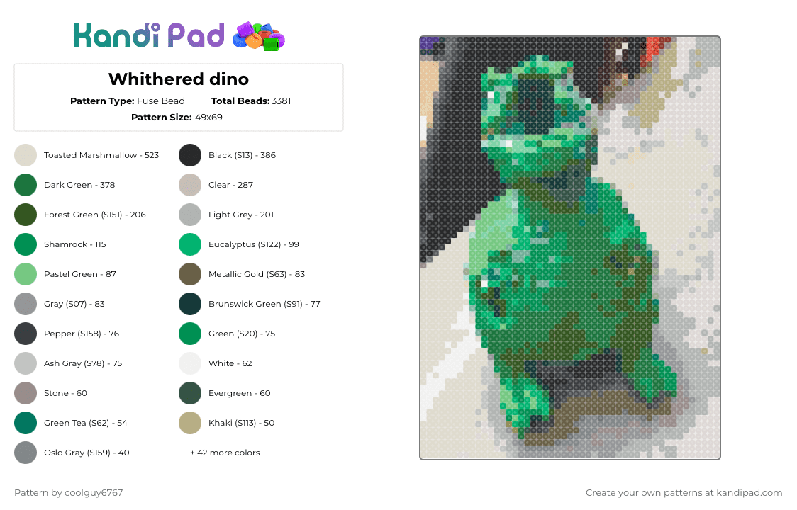 Whithered dino - Fuse Bead Pattern by coolguy6767 on Kandi Pad - gray,beige,green