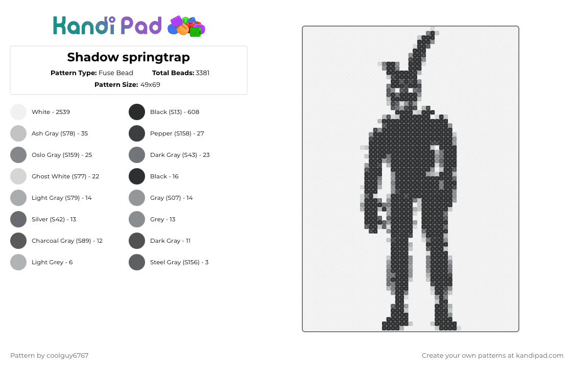 Shadow springtrap - Fuse Bead Pattern by coolguy6767 on Kandi Pad - white,gray