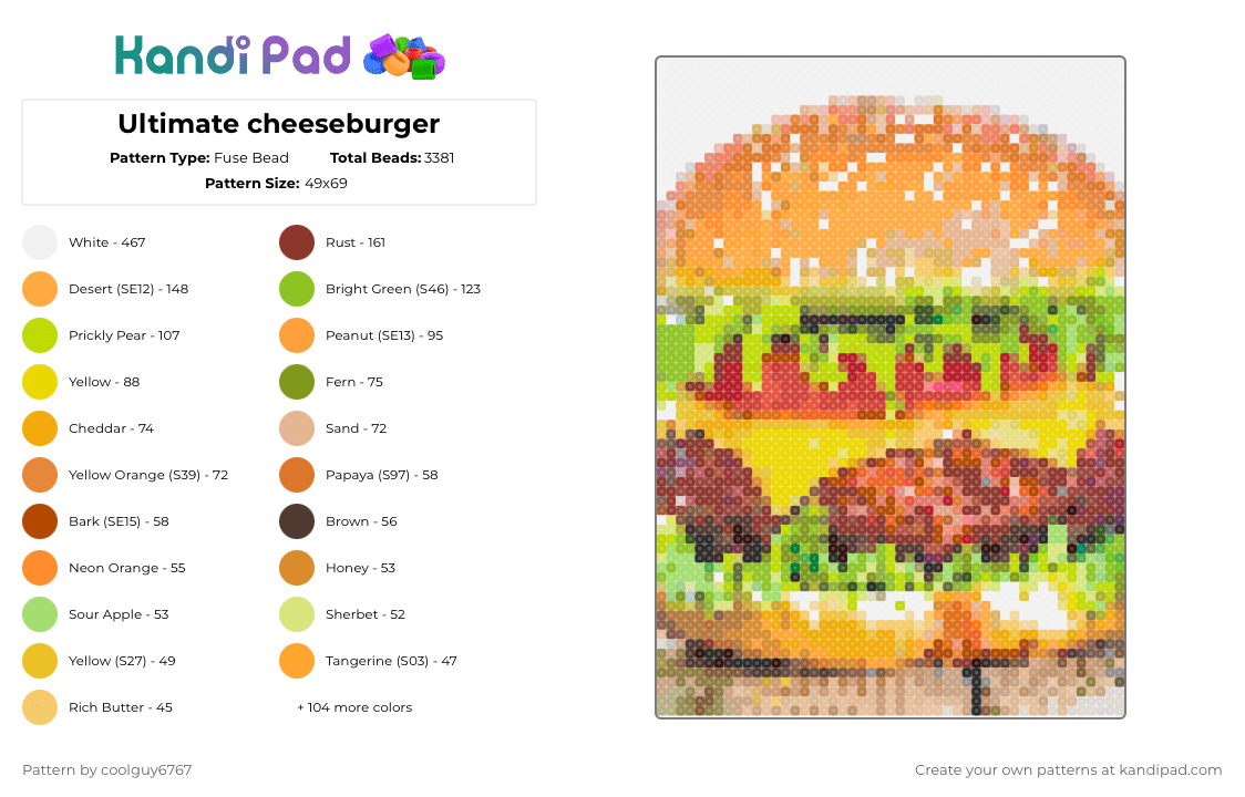 Ultimate cheeseburger - Fuse Bead Pattern by coolguy6767 on Kandi Pad - 