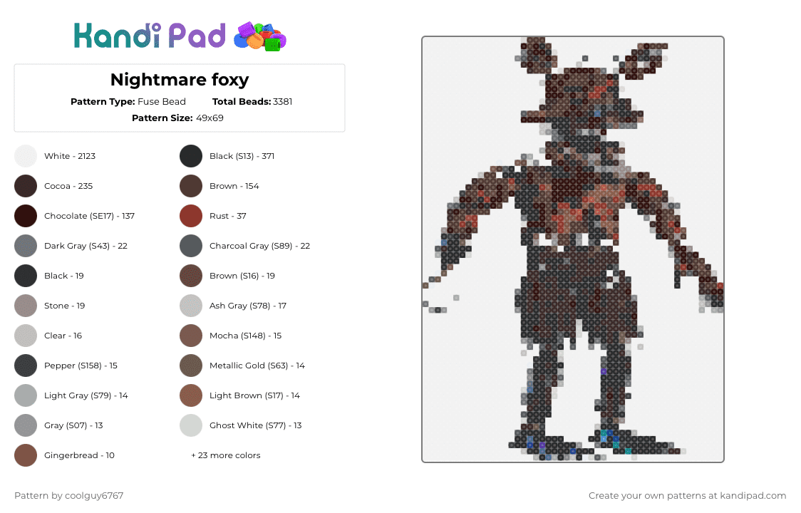 Nightmare foxy - Fuse Bead Pattern by coolguy6767 on Kandi Pad - white,brown,gray