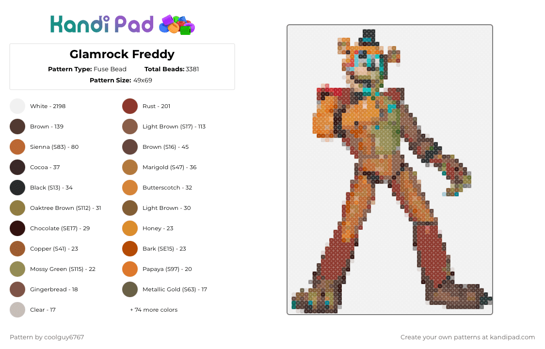 Glamrock Freddy - Fuse Bead Pattern by coolguy6767 on Kandi Pad - white,tan,gold,red,colorful