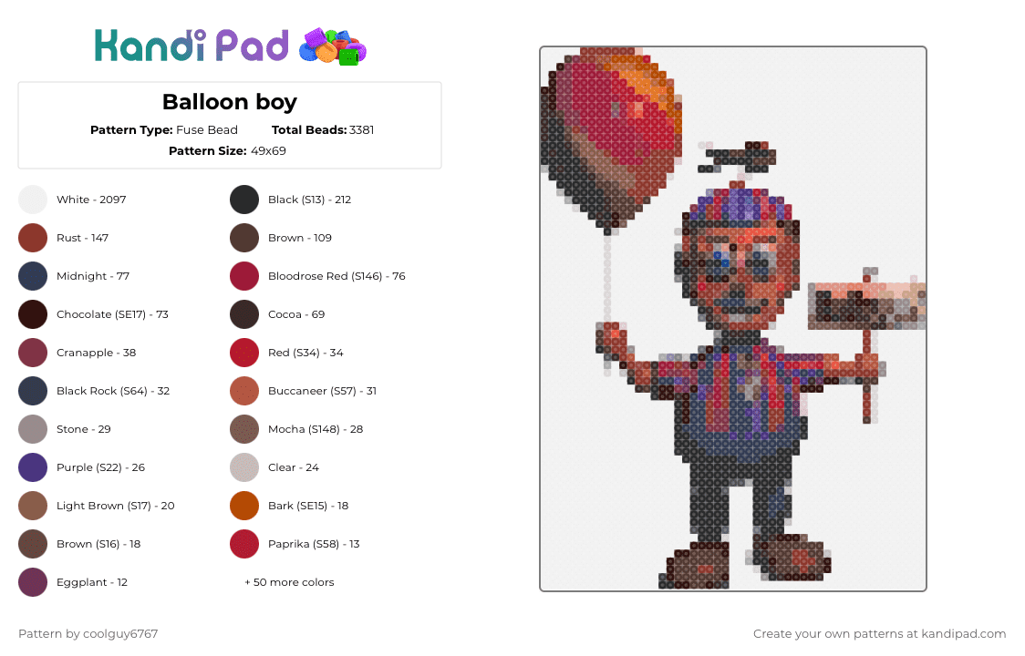 Balloon boy - Fuse Bead Pattern by coolguy6767 on Kandi Pad - white,red,brown,purple