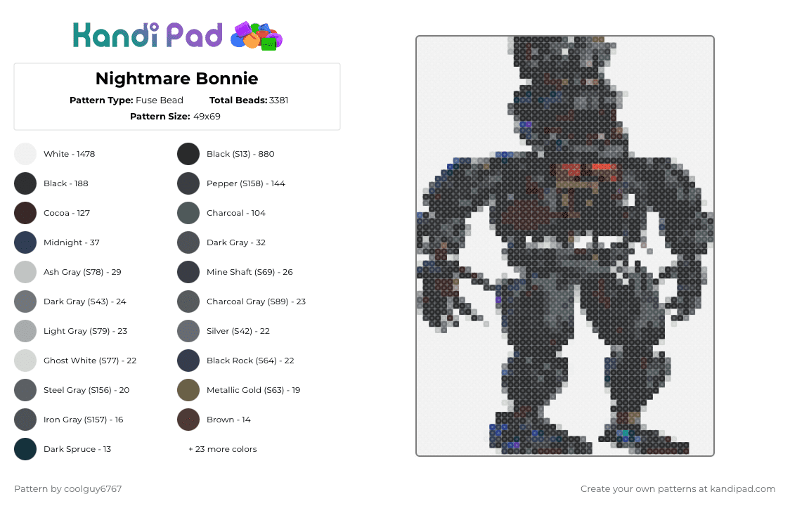 Nightmare Bonnie - Fuse Bead Pattern by coolguy6767 on Kandi Pad - white,gray,brown,purple,colorful
