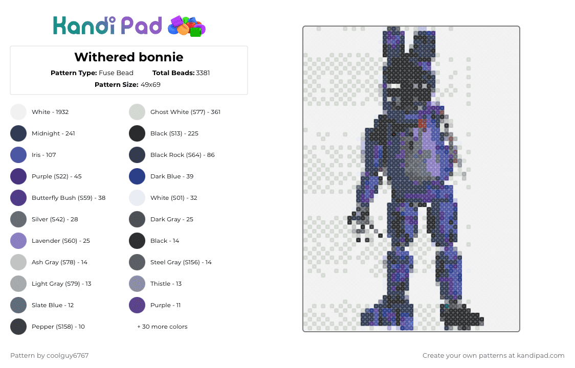 Withered bonnie - Fuse Bead Pattern by coolguy6767 on Kandi Pad - 