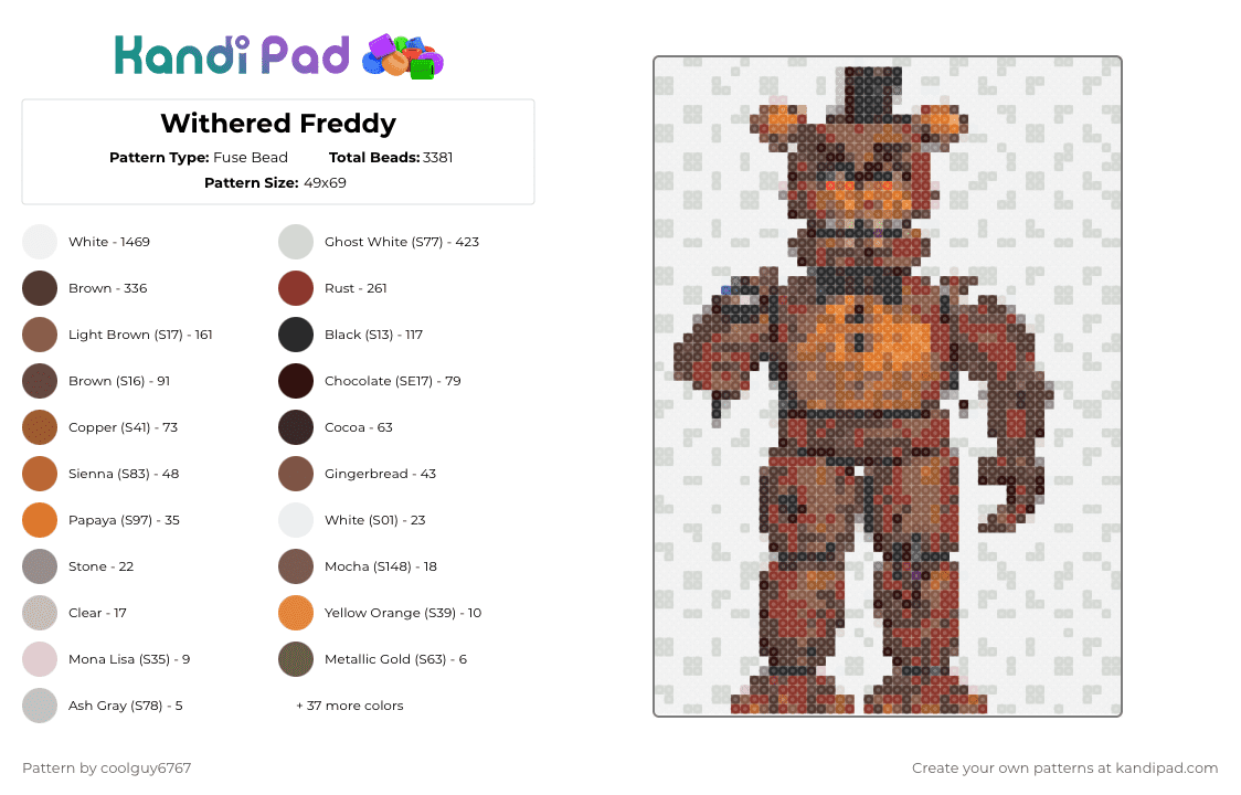 Withered Freddy - Fuse Bead Pattern by coolguy6767 on Kandi Pad - white,brown,tan,red