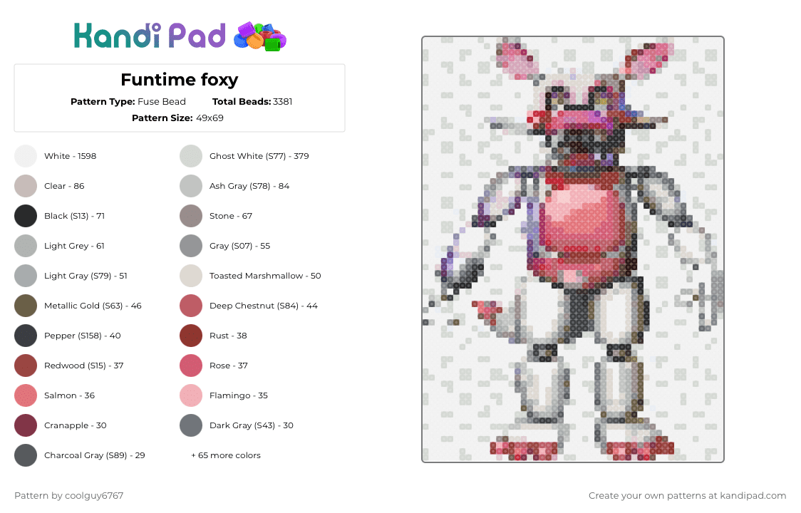 Funtime foxy - Fuse Bead Pattern by coolguy6767 on Kandi Pad - white,beige,gray,red,colorful
