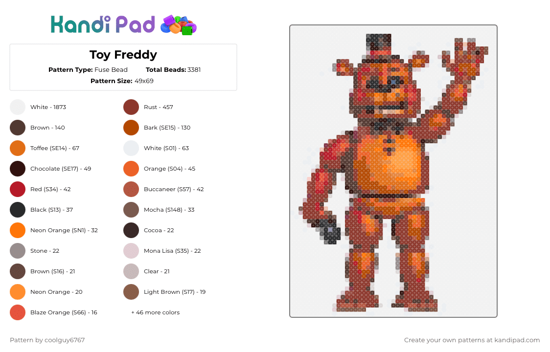 Toy Freddy - Fuse Bead Pattern by coolguy6767 on Kandi Pad - white,brown,red,orange