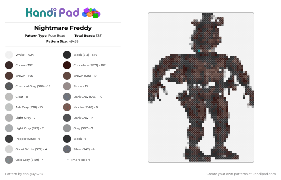 Nightmare Freddy - Fuse Bead Pattern by coolguy6767 on Kandi Pad - white,brown
