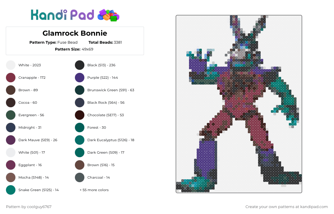 Glamrock Bonnie - Fuse Bead Pattern by coolguy6767 on Kandi Pad - white,purple,brown,teal,colorful