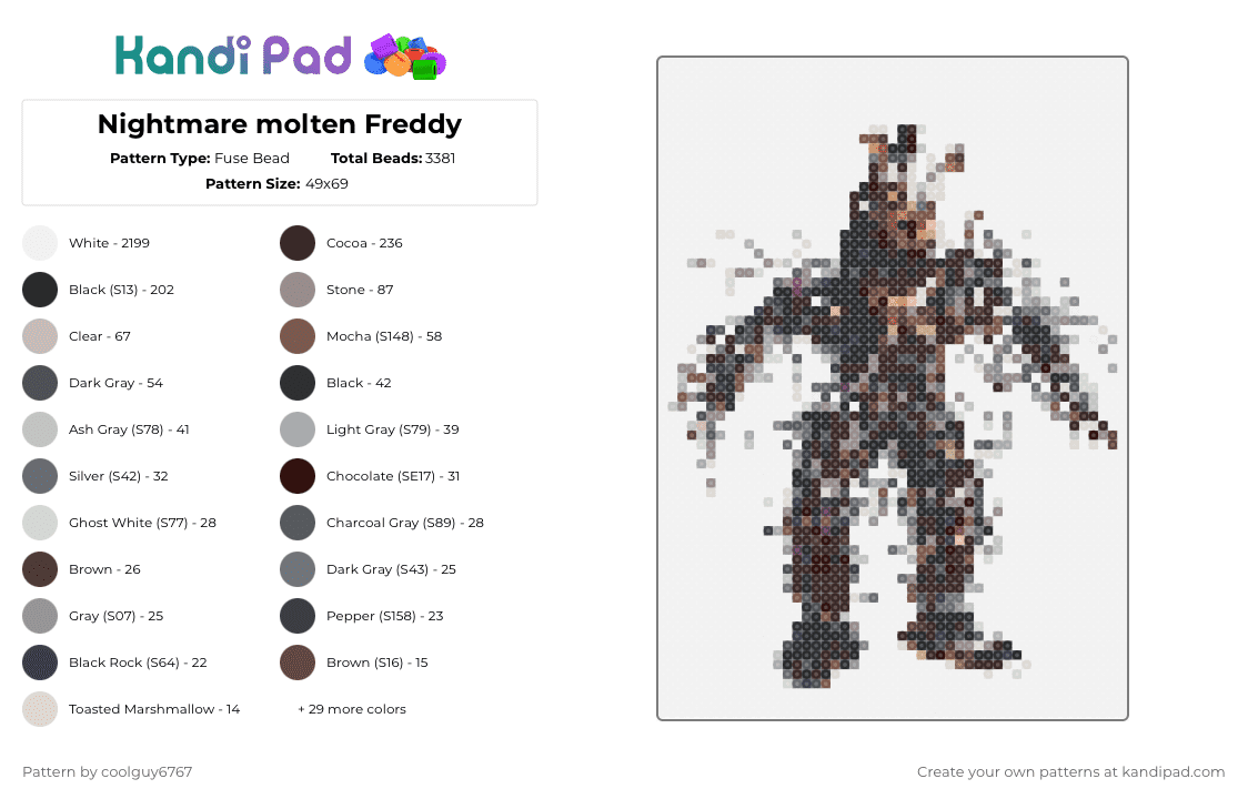 Nightmare molten Freddy - Fuse Bead Pattern by coolguy6767 on Kandi Pad - white,beige,brown,gray