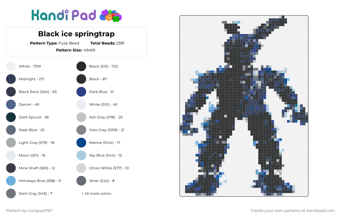 Black ice springtrap - Fuse Bead Pattern by coolguy6767 on Kandi Pad - white,purple,gray,blue