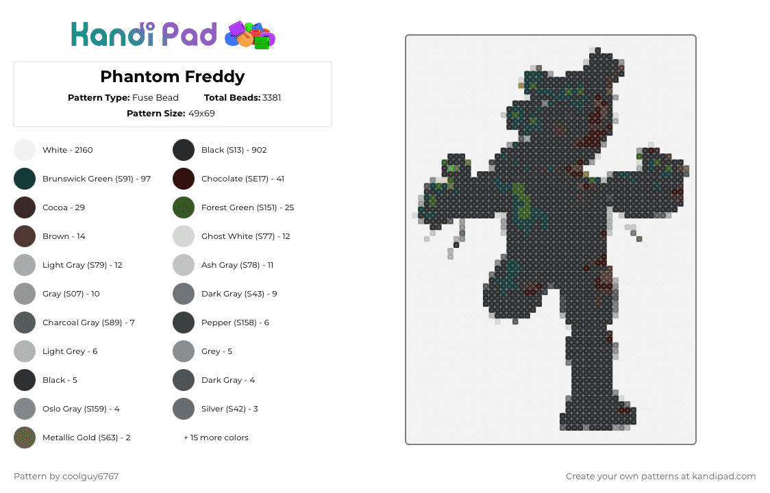 Phantom Freddy - Fuse Bead Pattern by coolguy6767 on Kandi Pad - white,gray,brown,gold