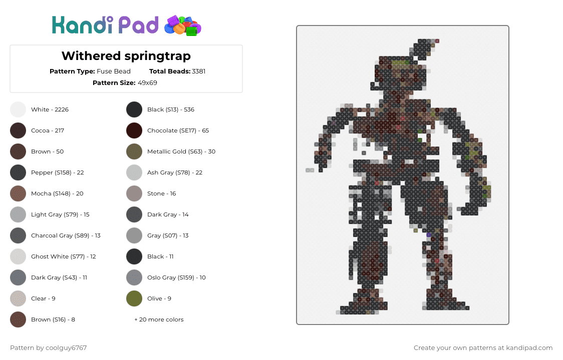 Withered springtrap - Fuse Bead Pattern by coolguy6767 on Kandi Pad - white,gray,brown
