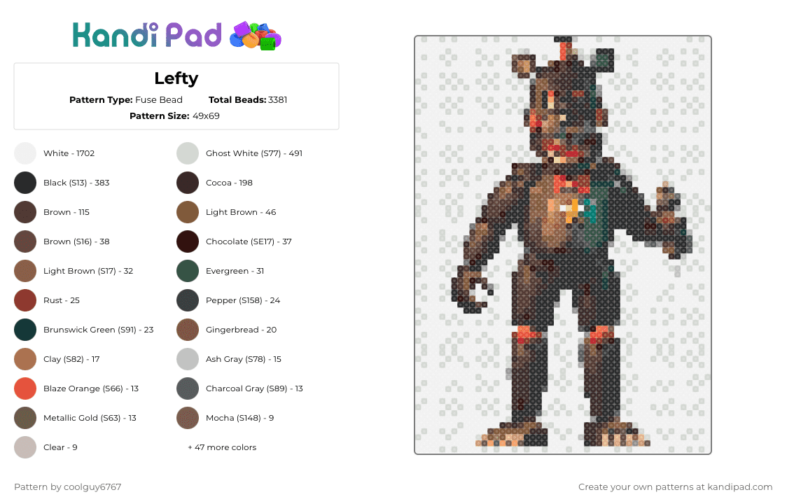 Lefty - Fuse Bead Pattern by coolguy6767 on Kandi Pad - white,tan,brown,gray