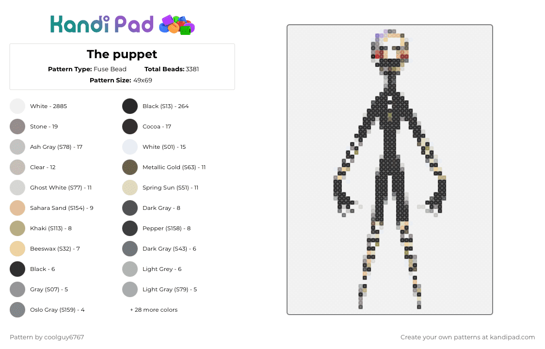 The puppet - Fuse Bead Pattern by coolguy6767 on Kandi Pad - white,gray,beige,brown