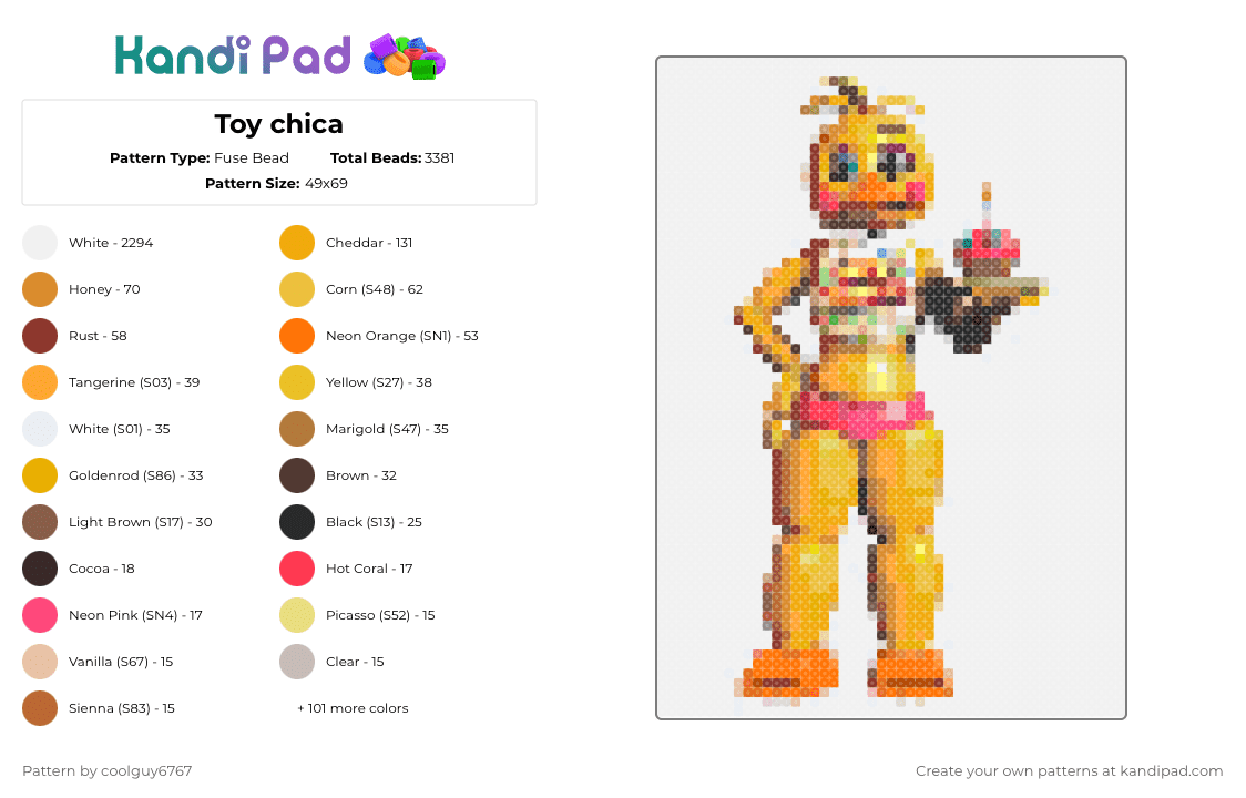 Toy chica - Fuse Bead Pattern by coolguy6767 on Kandi Pad - white,tan,brown,orange,colorful