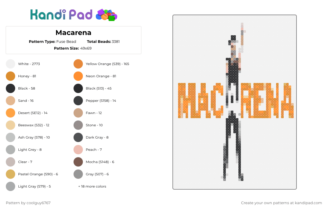Macarena - Fuse Bead Pattern by coolguy6767 on Kandi Pad - white,orange