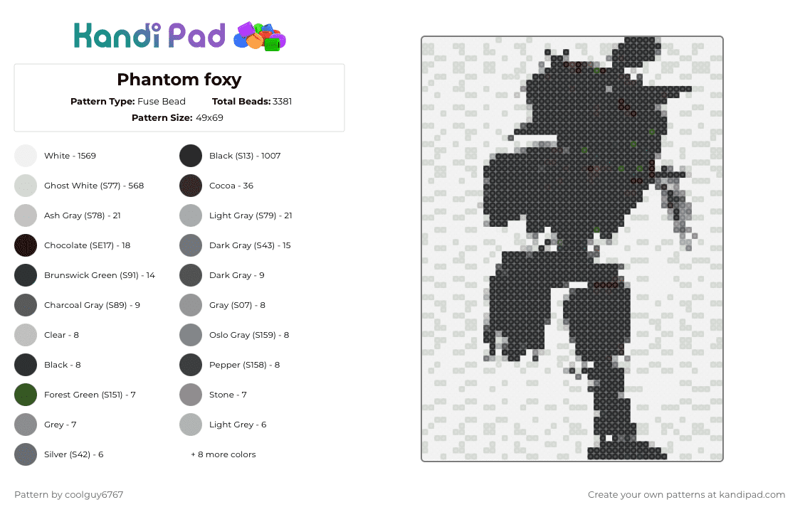 Phantom foxy - Fuse Bead Pattern by coolguy6767 on Kandi Pad - white,gray,brown