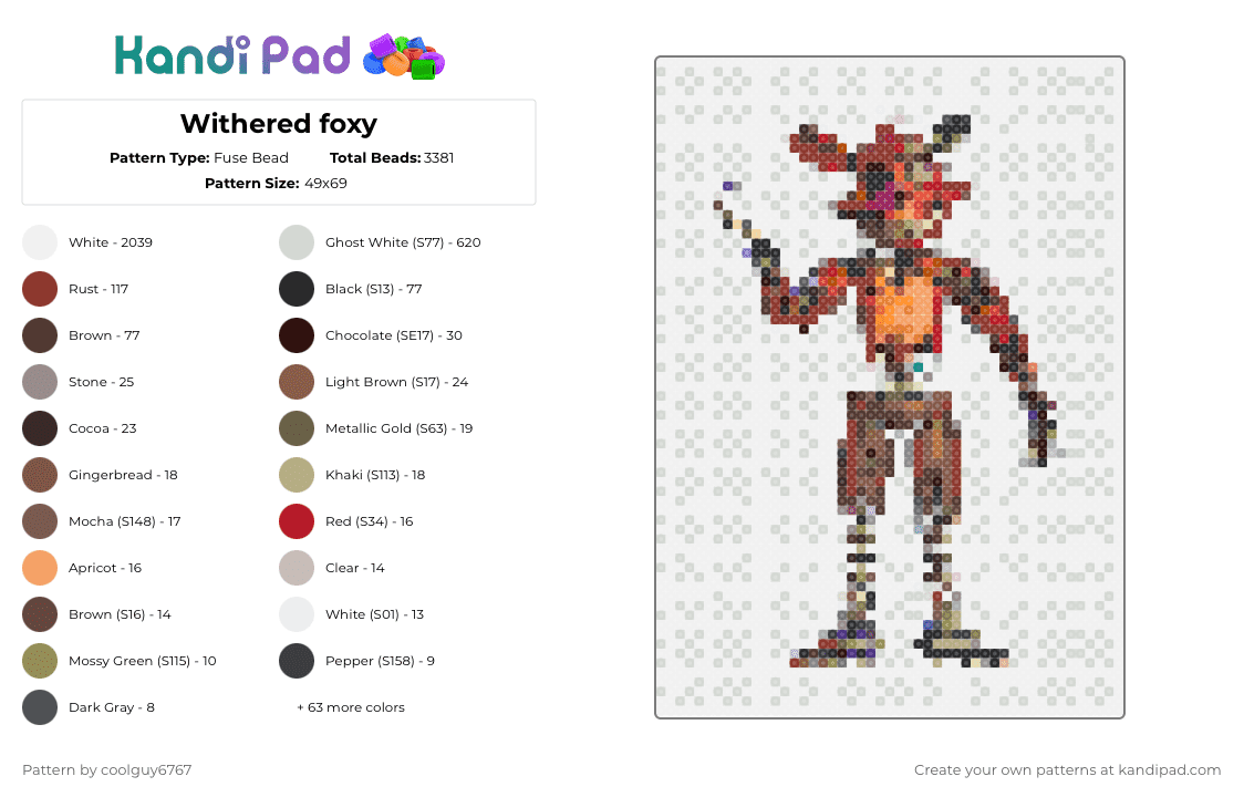 Withered foxy - Fuse Bead Pattern by coolguy6767 on Kandi Pad - white,gray,tan,red,colorful
