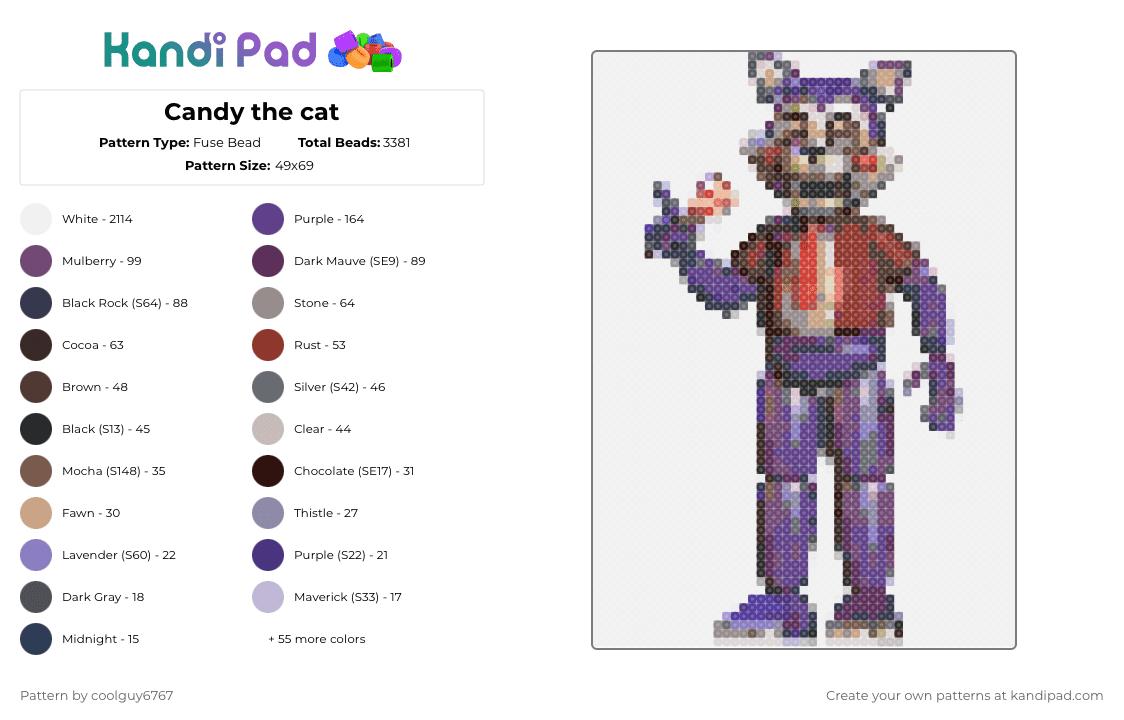 Candy the cat - Fuse Bead Pattern by coolguy6767 on Kandi Pad - white,pink,beige,brown,colorful