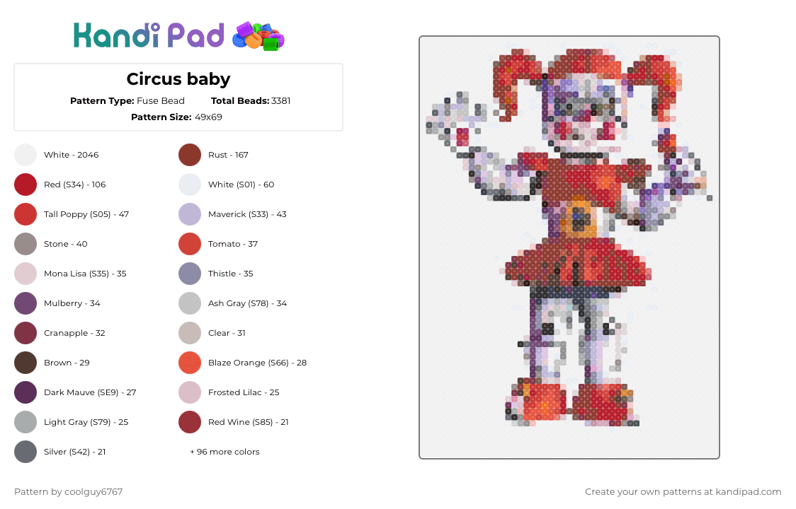 Circus baby - Fuse Bead Pattern by coolguy6767 on Kandi Pad - white,red,brown,pink,colorful