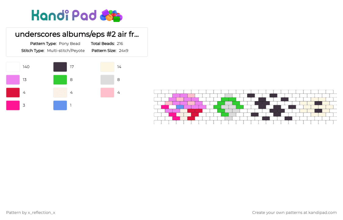 underscores albums/eps #2 air freshener, character development!, we never got strawberry cake, boneyard aka fearmonger - Pony Bead Pattern by x_reflection_x on Kandi Pad - white,pink,green,underscores,music,air freshener,character development,we never got strawberry cake,boneyard aka fearmonger