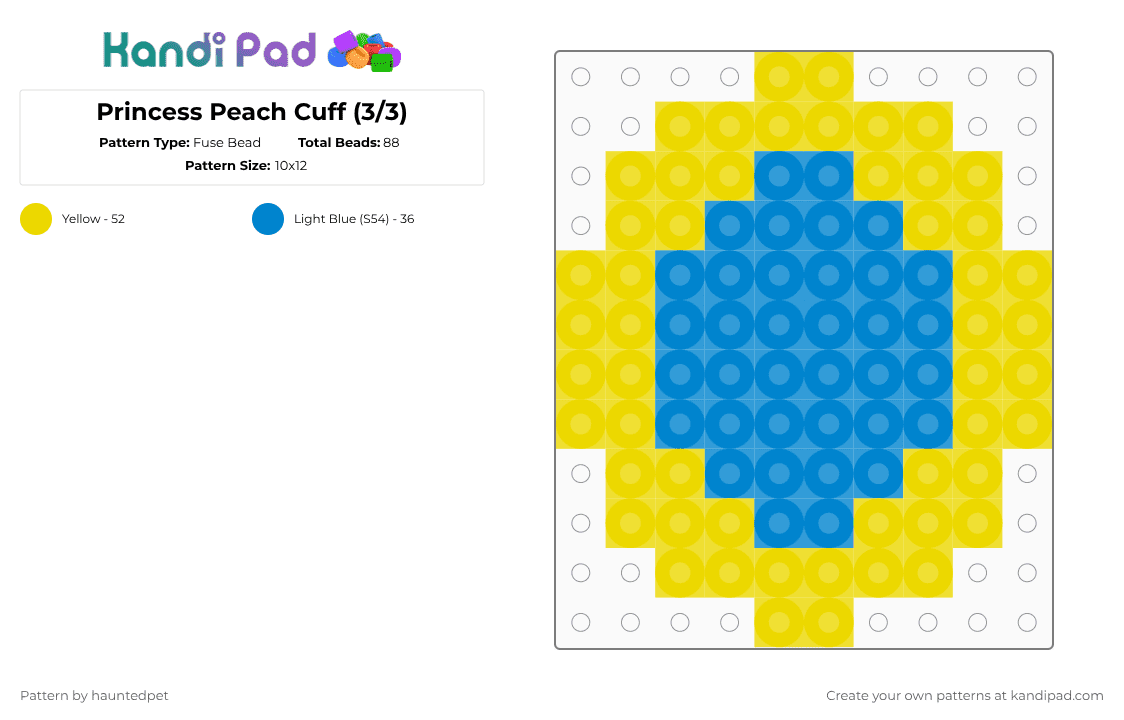 Princess Peach Cuff (3/3) - Fuse Bead Pattern by hauntedpet on Kandi Pad - yellow,blue,princess peach,princess,peach,mario,perler,cyan,nintendo
