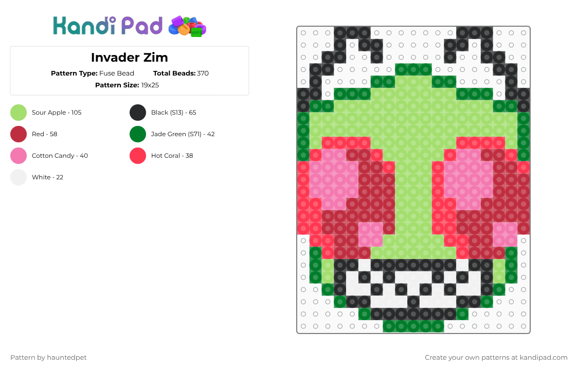 Invader Zim - Fuse Bead Pattern by hauntedpet on Kandi Pad - green,red,zim,invader zim,pink,alien