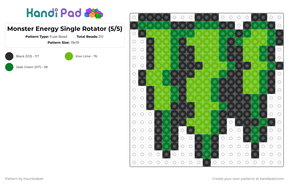 Monster Energy Single Rotator (5/5) - Fuse Bead Pattern by hauntedpet on Kandi Pad - black,green,neon green,monster energy,monster,single,rotator