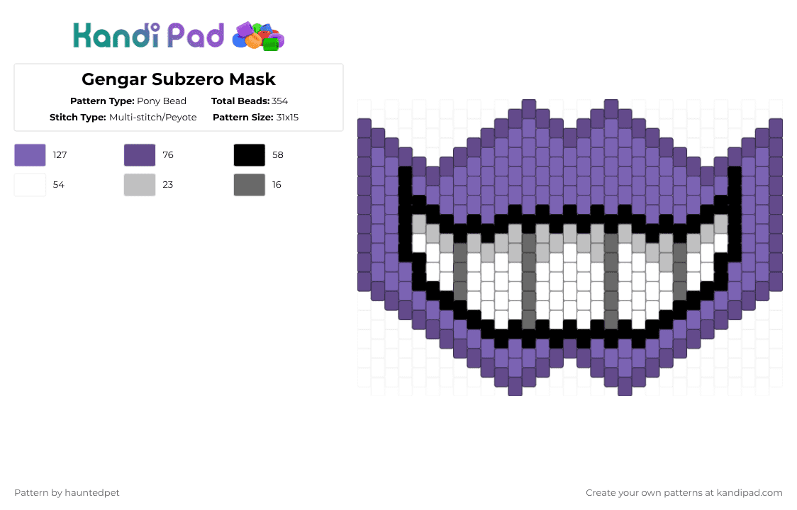 Gengar Subzero Mask - Pony Bead Pattern by hauntedpet on Kandi Pad - purple,pokemon,gengar,teeth