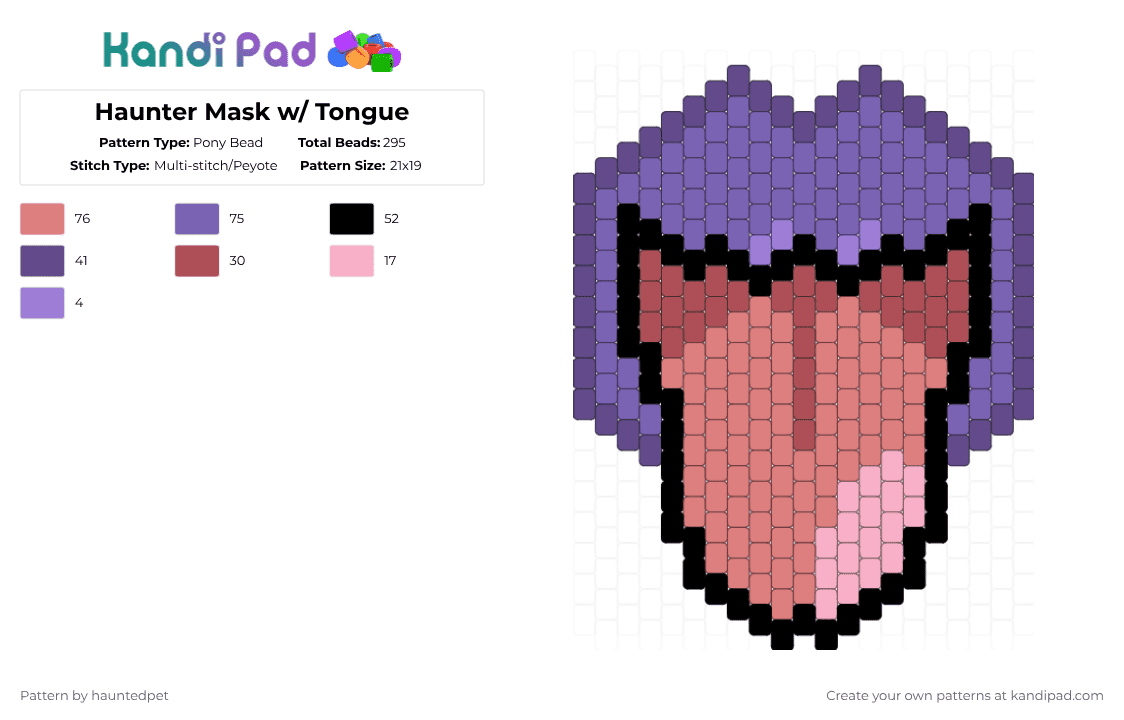 Haunter Mask w/ Tongue - Pony Bead Pattern by hauntedpet on Kandi Pad - purple,red,pokemon,haunter,mask,tongue