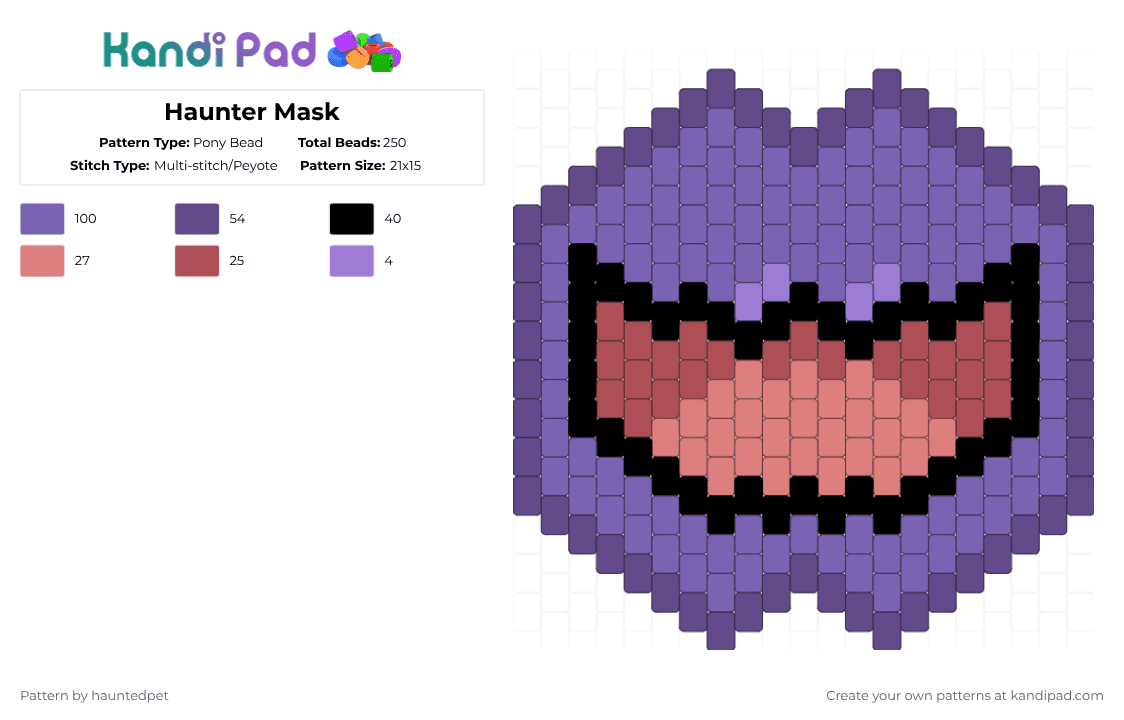 Haunter Mask - Pony Bead Pattern by hauntedpet on Kandi Pad - purple,pokemon,haunter,mask