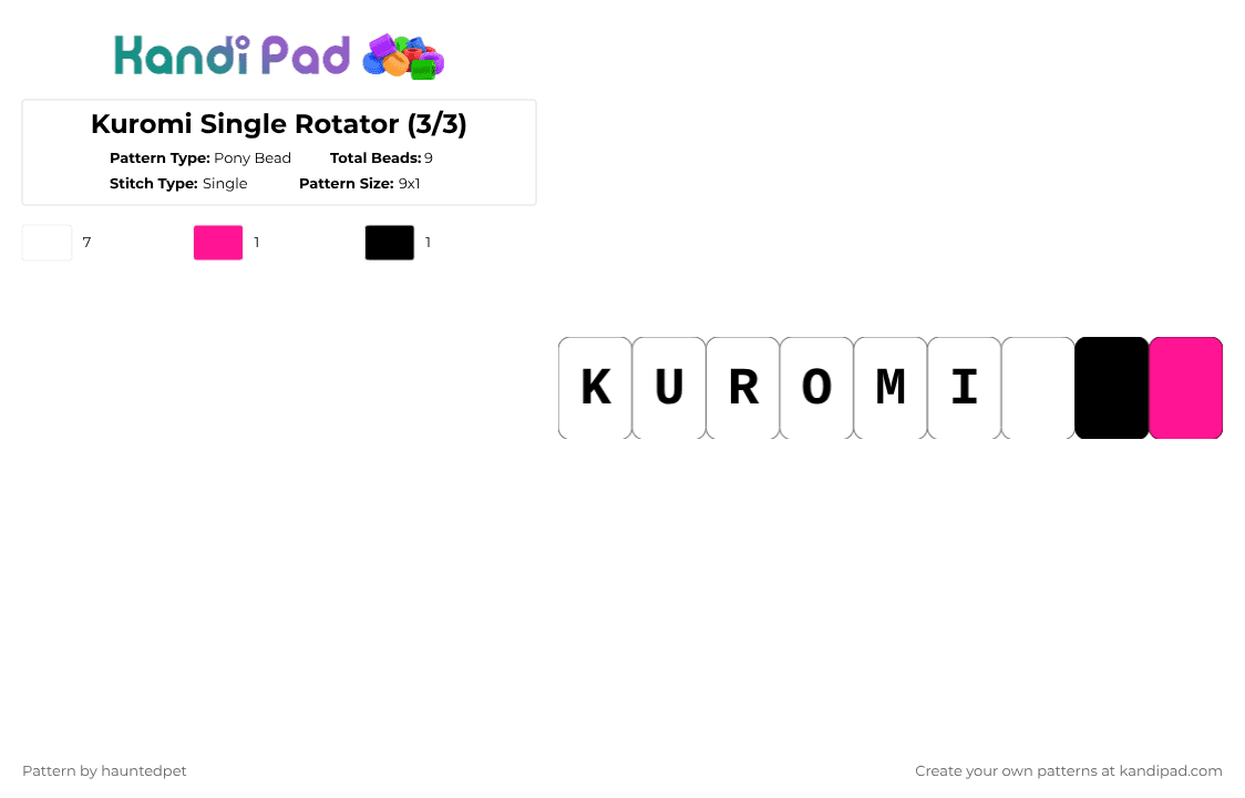 Kuromi Single Rotator (3/3) - Pony Bead Pattern by hauntedpet on Kandi Pad - white,kuromi,black,pink,single,rotator