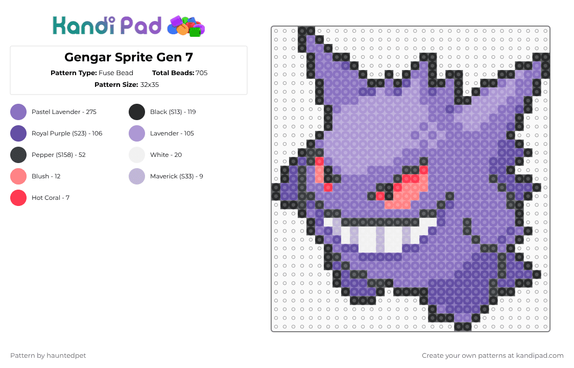 Gengar Sprite Gen 7 - Fuse Bead Pattern by hauntedpet on Kandi Pad - blue,gengar,purple,pokemon,nintendo
