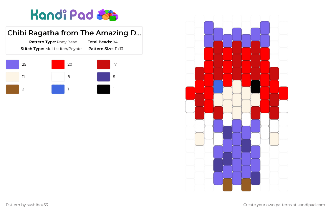 Chibi Ragatha from The Amazing Digital Circus - Pony Bead Pattern by sushibox53 on Kandi Pad - red,blue,tadc,the amazing digital circus,doll,ragatha,jax,pomni,gloink,chibi