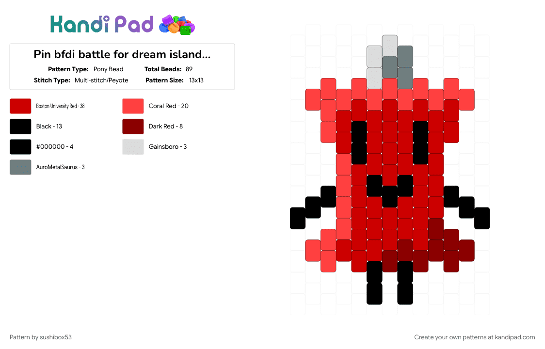 Pin bfdi battle for dream island doll - Pony Bead Pattern by sushibox53 on Kandi Pad - battle for dream island, bfdi, bfdia, character, coiny, object show, pin, red