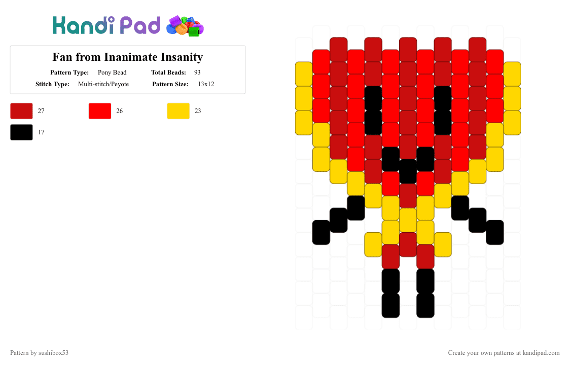 Fan from Inanimate Insanity - Pony Bead Pattern by sushibox53 on Kandi Pad - red,yellow,ii,inanimate insanity,fan,test tube,knife,bot,object show