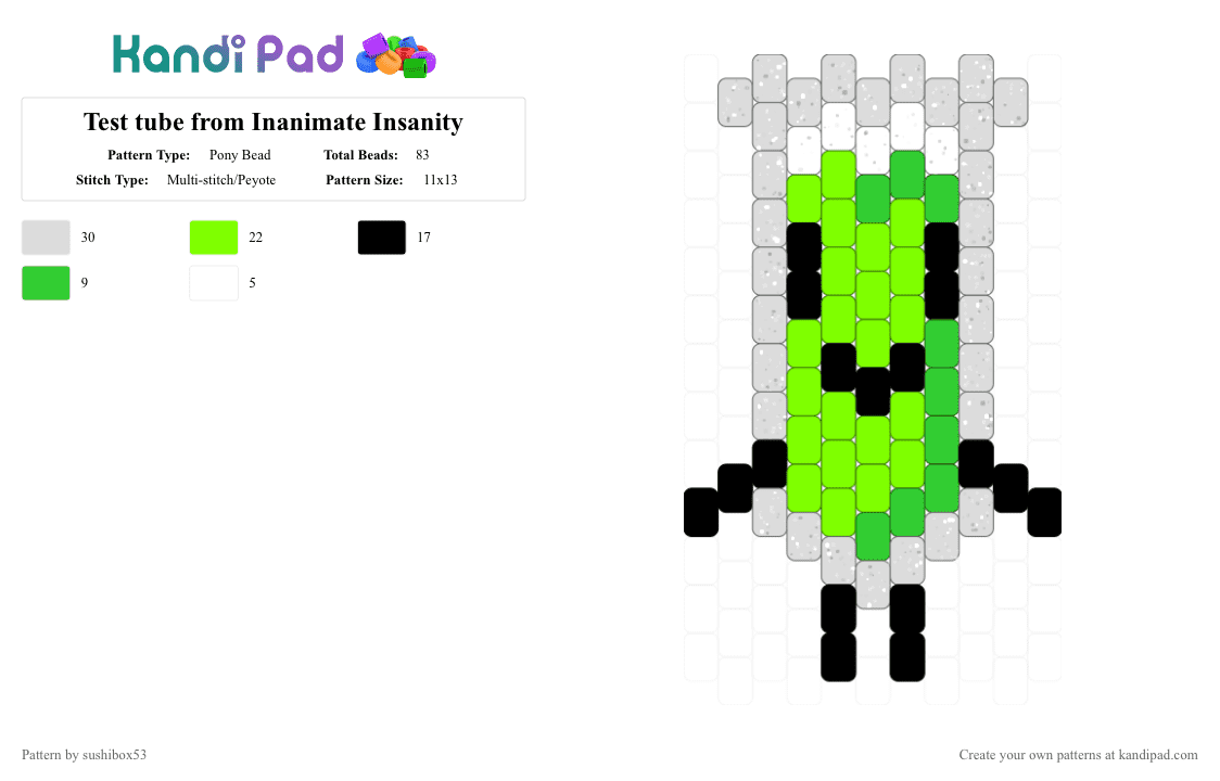 Test tube from Inanimate Insanity - Pony Bead Pattern by sushibox53 on Kandi Pad - white,green,inanimate insanity,test tube,knife,bot,object show,ii,fan